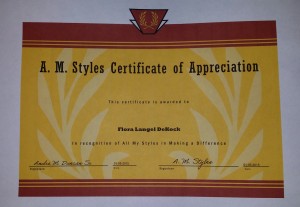 A.M. Styles Certificate of Appreciation