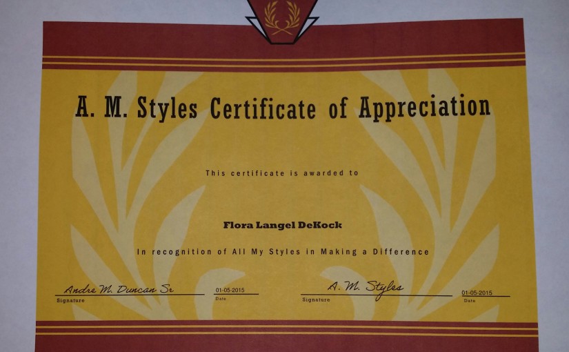 A.M. Styles Certificate of Appreciation