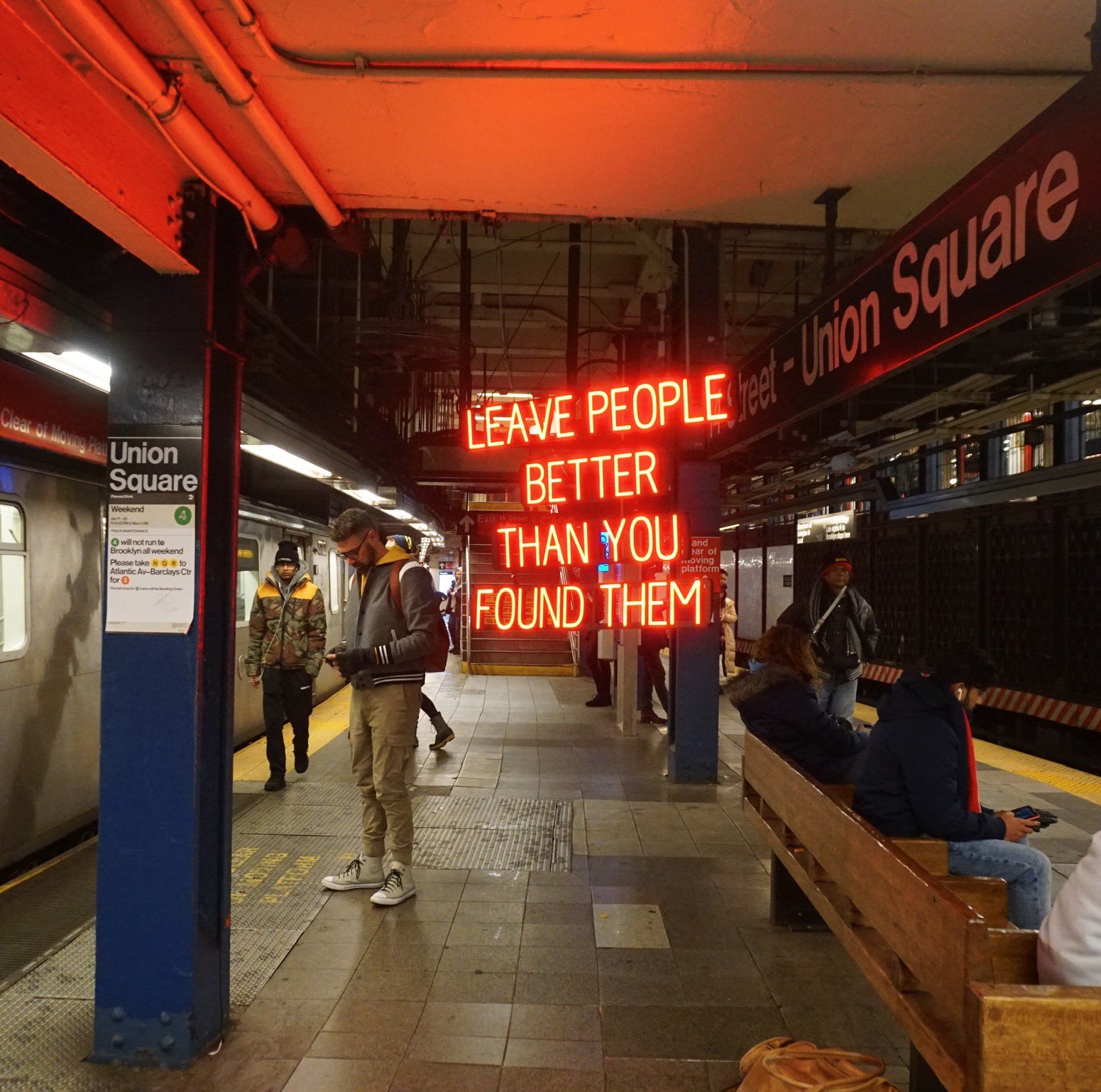 Subway with text saying "leave people better than when you found them"